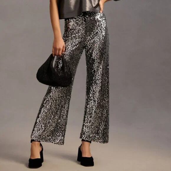 Anthropologie Maeve Pants Women 30 Petite Colette Cropped Wide Leg Sequin Silver - Picture 1 of 12